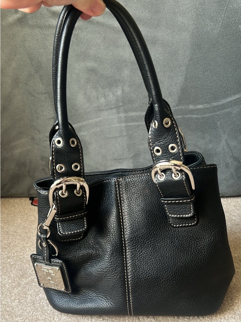 Black Leather Top-Handle Small Tote with Silver Hardware